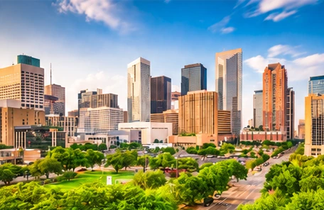 Texas city skyline and green park