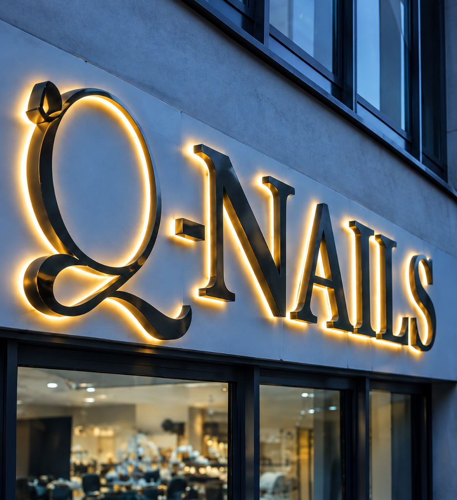 Illuminated Q-Nails storefront sign
